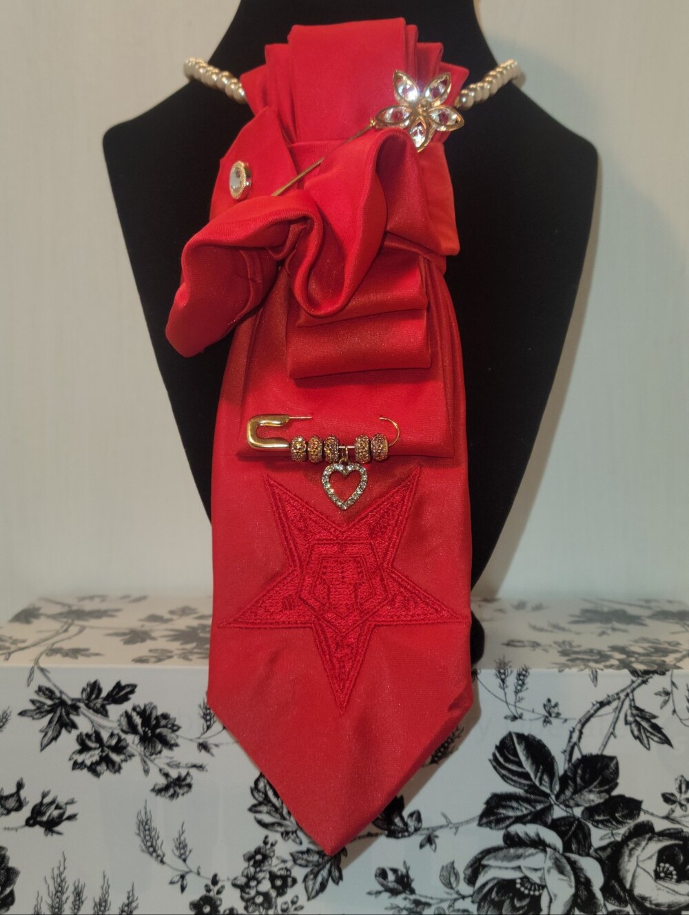Red Satin Statement Scarf Tie with Decorative Pins
